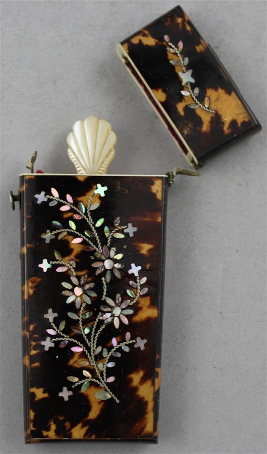 A Victorian tortoiseshell and mother of pearl inlaid etui, 3.5in.